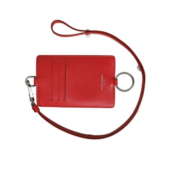 Dolce & Gabbana Red Calfskin Leather Lanyard Logo Card Holder Men's Wallet